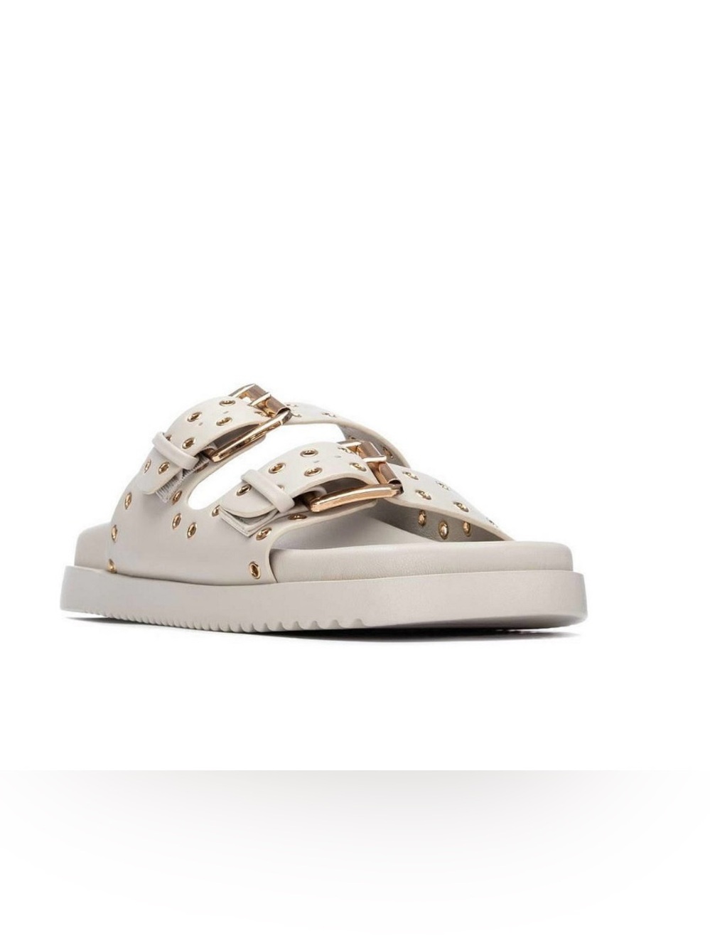 Women’s Cream Slide Sandals with Gold Buckles